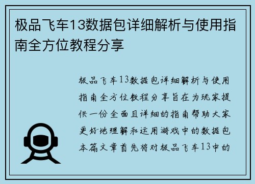 极品飞车13数据包详细解析与使用指南全方位教程分享